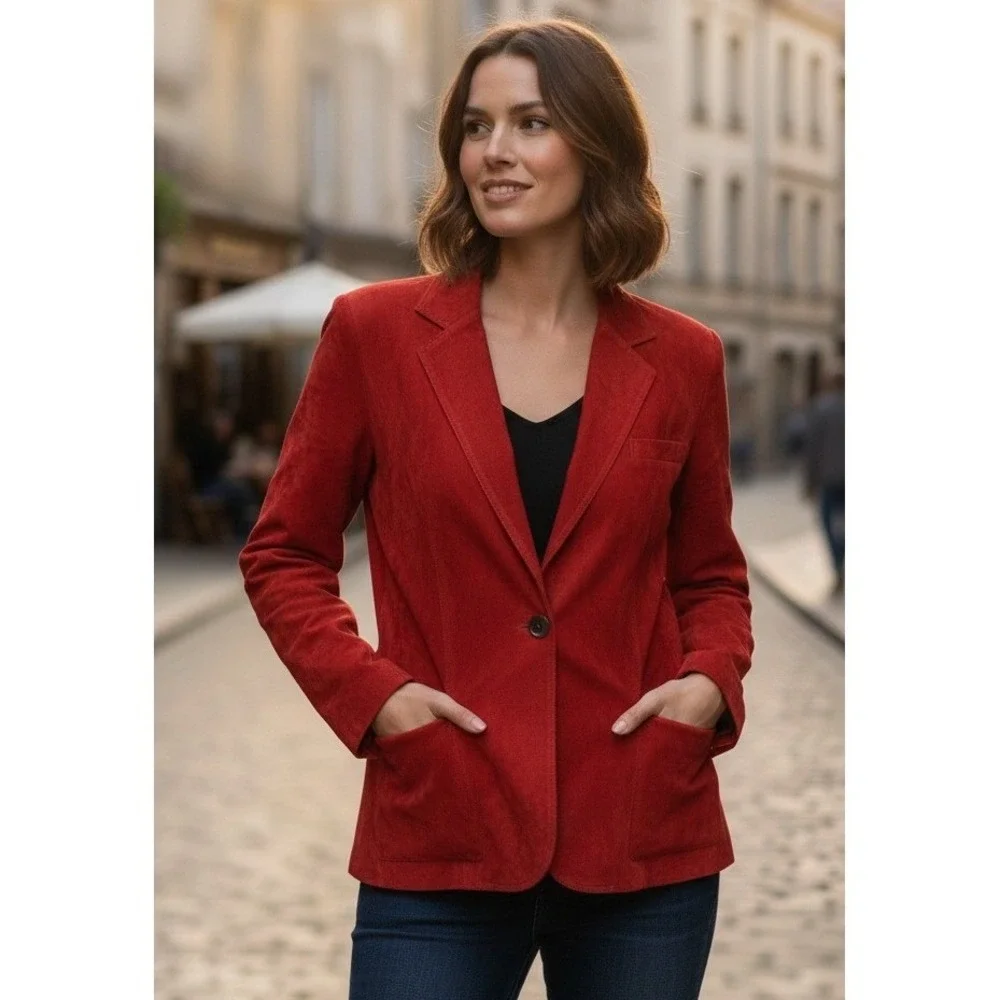 Vtg Dorby Casuals Blazer Jacket Womens 13/14 Red Suede One Button Western Grunge